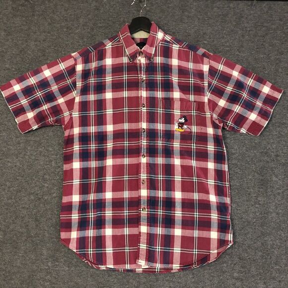 Disney Store Shirt Mens M Red Plaid Tartan Mickey Mouse Short Sleeve Button Up - Picture 1 of 9